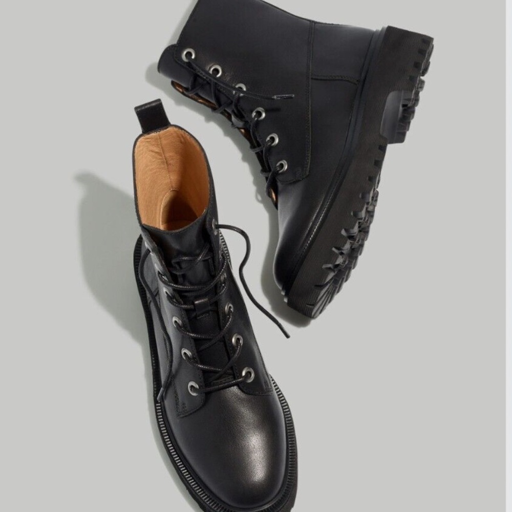 Madewell Leather Combat Boots - Lace-up Lugsole Boots in Black leather.